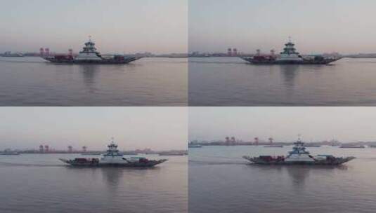 南京汽渡长江轮船货轮沿岸重工业污染航拍高清在线视频素材下载