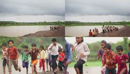在湖边奔跑的儿童高清在线视频素材下载