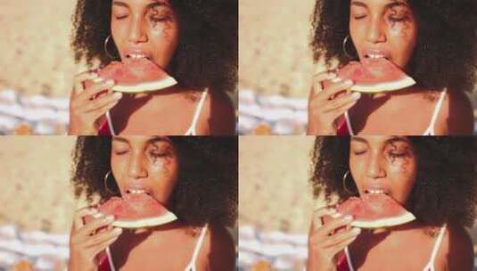 女人吃西瓜的特写视频高清在线视频素材下载