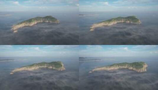 航拍清晨平流雾中的威海褚岛高清在线视频素材下载