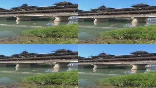 蓝天白云下的湖北省恩施州宣恩县侗族风雨桥高清在线视频素材下载