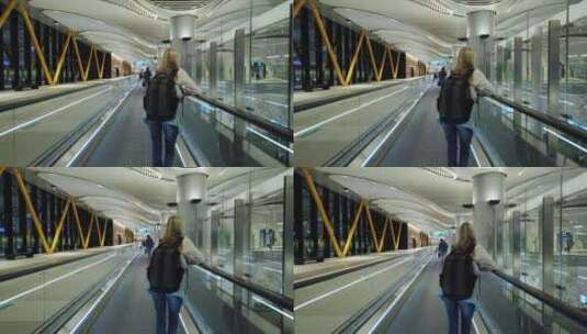 国际机场自动扶梯上的女人高清在线视频素材下载