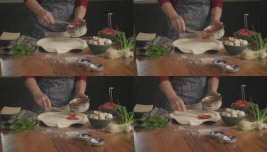 女人往饼上涂抹番茄酱汁特写镜头高清在线视频素材下载