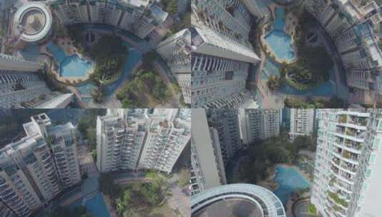 4k深圳一个小区游泳池和扇形高楼绿植高清在线视频素材下载