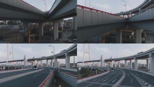 航拍上海穿越南浦大桥防疫巴士经过高清在线视频素材下载
