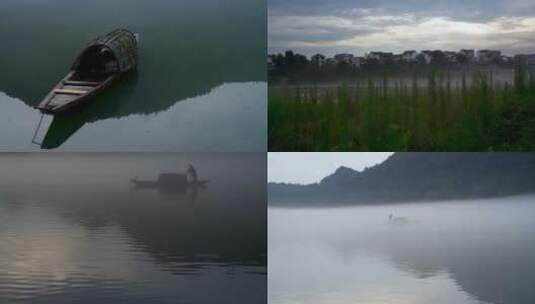 建德市下涯镇之江村雾气中划船视频高清在线视频素材下载