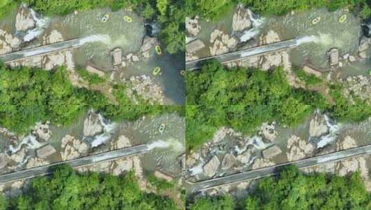 漂流团建山峡谷激情流勇进河水航俯拍橡皮船高清在线视频素材下载