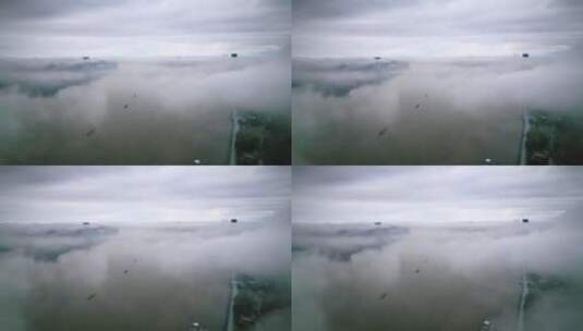 浓雾中的杭州滨江现代城市风光航拍高清在线视频素材下载