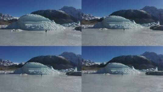 航拍一个人走在来古冰川的冰面上高清在线视频素材下载