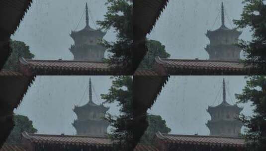 泉州东西塔雨景下雨天屋檐雨滴雨水高清在线视频素材下载