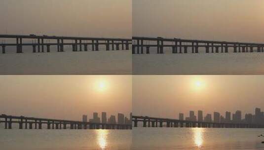 厦门海滩海滨大桥桥梁高架桥夕阳晚霞霞光高清在线视频素材下载