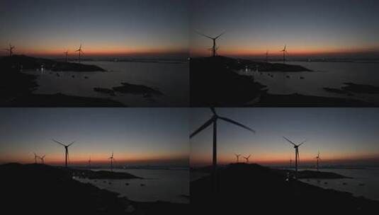 夜晚海边风车航拍大海夜景自然风光晚上风景高清在线视频素材下载
