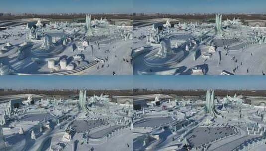 原创 哈尔滨冰雪大世界冰雕航拍景观高清在线视频素材下载