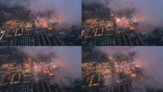 西安大唐不夜城平流雾航拍高清在线视频素材下载