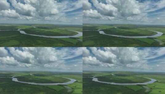 航拍夏季海拉尔河湿地蓝天白云高清在线视频素材下载