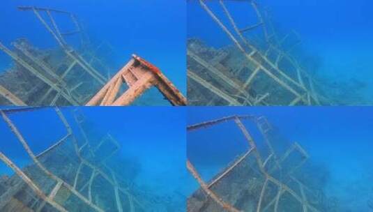 真实的旧沉船残骸在海上水下高清在线视频素材下载