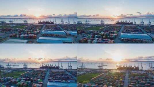 4k广州南沙港货运集装箱码头日出航拍延时高清在线视频素材下载