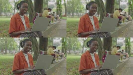 公园里带笔记本电脑的女生高清在线视频素材下载