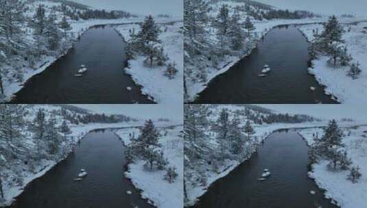 冬季森林河流鸟瞰图高清在线视频素材下载