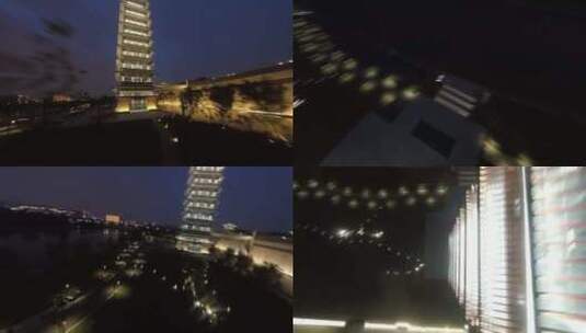 穿越机航拍中国大运河博物馆大运塔夜景灯光高清在线视频素材下载