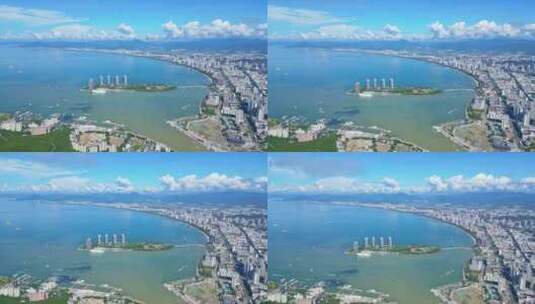 海南三亚城市蓝天白云建筑凤凰岛全景海岸线高清在线视频素材下载