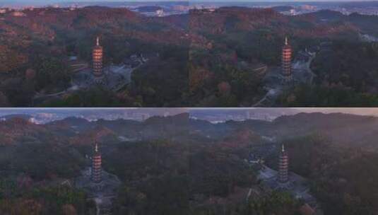 新昌大佛寺栖光净寺万佛塔日出航拍高清在线视频素材下载