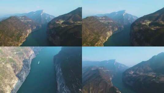 航拍长江三峡轮船驶过峡谷高清在线视频素材下载