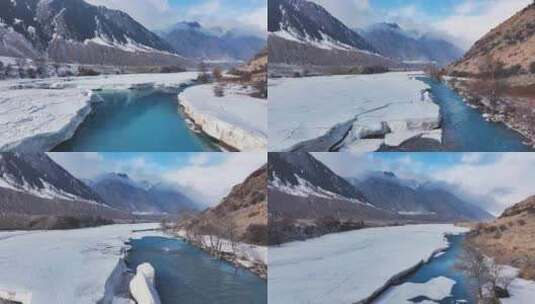 新疆昭苏玉湖冰面雪山峡谷航拍风景高清在线视频素材下载