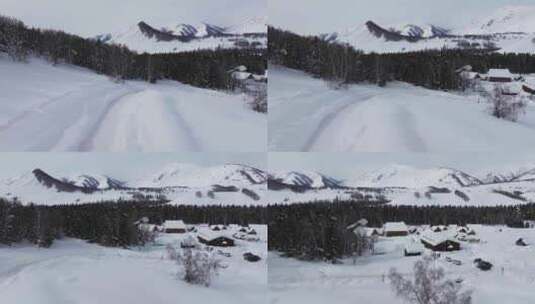 航拍冬季新疆阿勒泰禾木雪景雪山森林村落高清在线视频素材下载