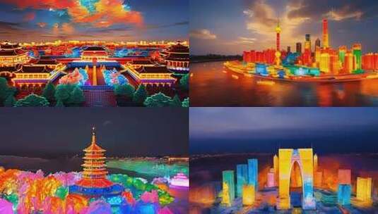 合集-中国北上广城市建筑风光彩灯炫酷效果高清在线视频素材下载