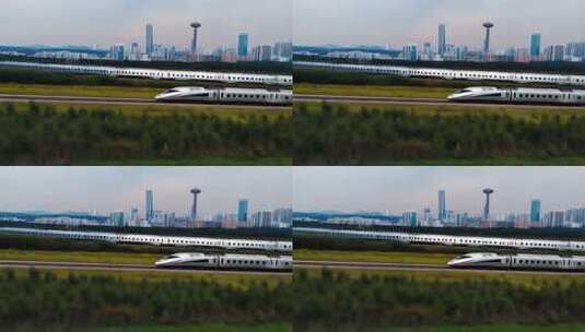 城市旁铁轨上行驶的高铁高清在线视频素材下载