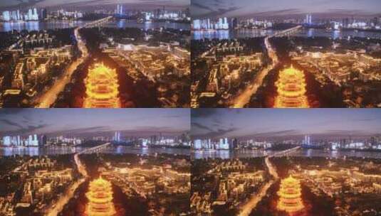 航拍夜晚灯火通明武汉城区黄鹤楼阁高清在线视频素材下载