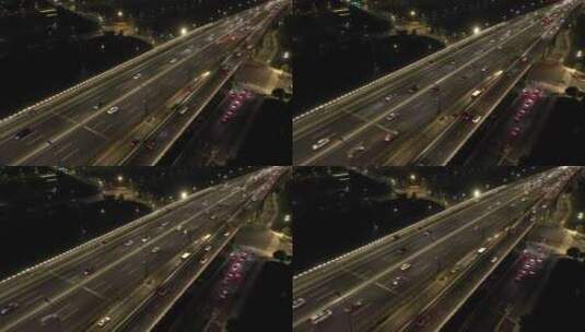夜晚近距离固定机位航拍杭州城市高架桥夜景高清在线视频素材下载