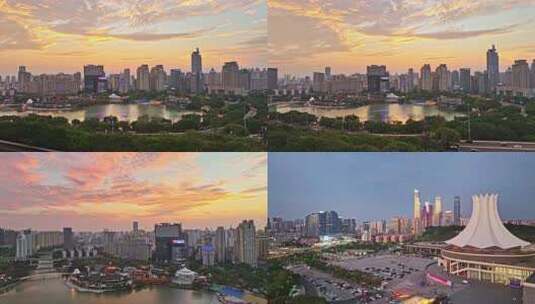 南宁东盟商务区民歌湖火烧云航拍视频素材高清在线视频素材下载