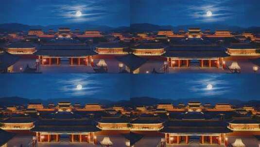 月夜下的中式古建筑全景高清在线视频素材下载
