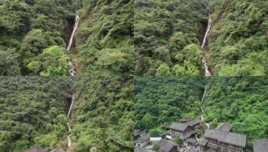 大觉山景区的青山瀑布古寨高清在线视频素材下载