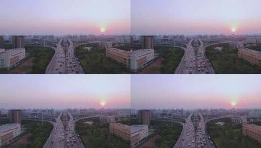 航拍夕阳下杭州城区高架立交桥高清在线视频素材下载