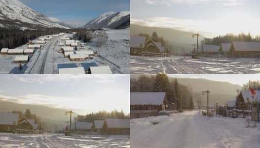 实拍冬季东北寒冬雪景木建房子道路高清在线视频素材下载