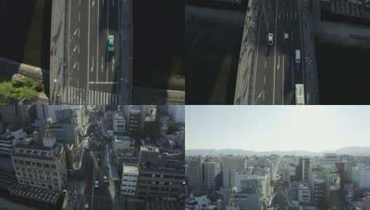 直升机在名古屋市中心过河的公路桥上盘旋高清在线视频素材下载