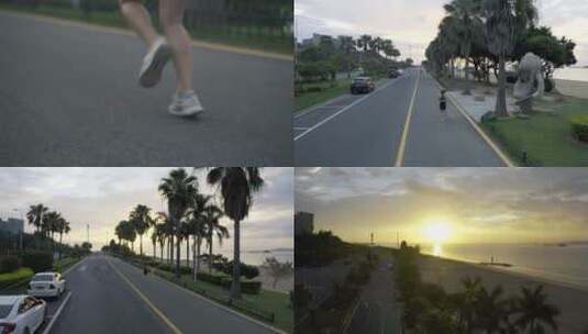 早晨女孩跑步锻炼美女晨跑海边运动锻炼高清在线视频素材下载