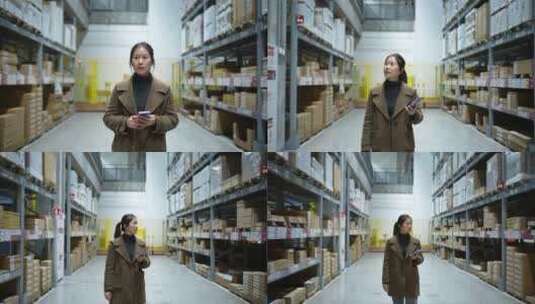 中年女性在超市货柜仓库工厂仓储车间高清在线视频素材下载
