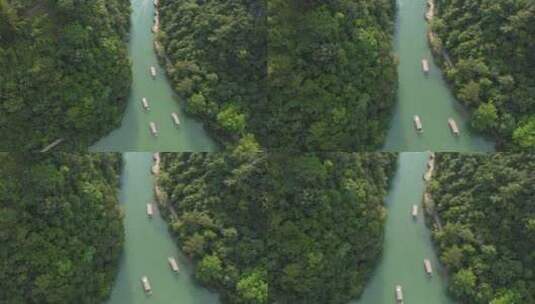 贵州荔波大七孔航拍 船在绿色湖面上航行高清在线视频素材下载
