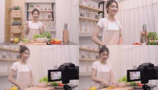 4K美女主播厨房美食制作现场直播空镜高清在线视频素材下载