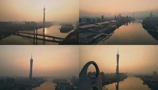 4K航拍广州塔珠江黄昏日落城市建筑高清在线视频素材下载