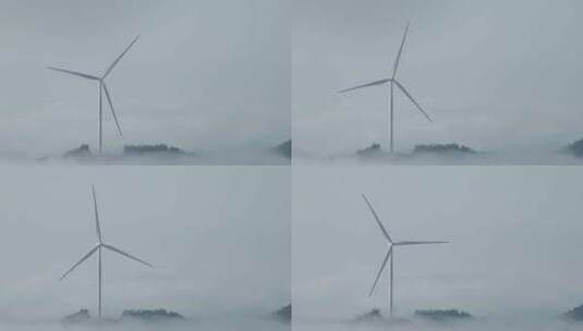 云雾云海山上的风力发电风车航拍高清在线视频素材下载
