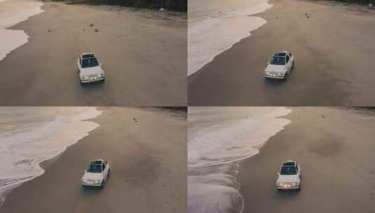 沙滩上的白色汽车高清在线视频素材下载