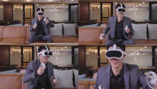 商务人士坐在沙发上玩VR游戏机高清在线视频素材下载