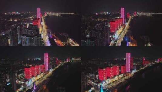 航拍宜昌沿江城市夜景灯光秀高清在线视频素材下载