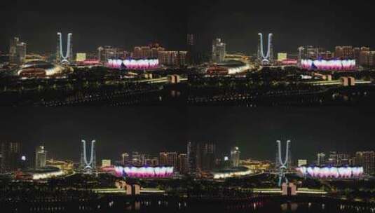 杭州奥体中心夜景航拍高清在线视频素材下载