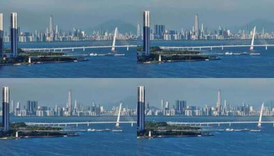 航拍深圳湾公路大桥深圳地标建筑天际线高清在线视频素材下载